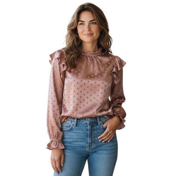 Indigo Poppy Blouse Womens Medium Rose Gold Polka Dot Satin Ruffle Mock Neck Top - Picture 1 of 13